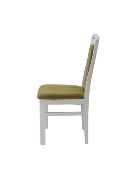 Set masa extensibila Kan 100x135 cm, lemn masiv alb, blat din MDF cu 4 scaune tapitate ZIM Standard, stofa petra verde - imagine 6