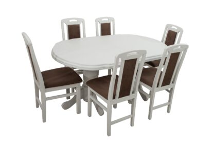 Set masa extensibila Jork 160x200 cm, lemn masiv alb, blat din MDF cu 6 scaune tapitate ZIM Standard, stofa petra maro - imagine 3