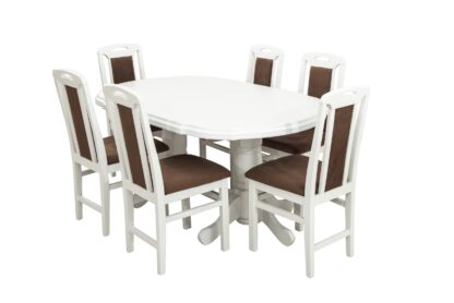 Set masa extensibila Jork 160x200 cm, lemn masiv alb, blat din MDF cu 6 scaune tapitate ZIM Standard, stofa petra maro - imagine 2