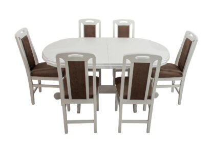 Set masa extensibila Jork 160x200 cm, lemn masiv alb, blat din MDF cu 6 scaune tapitate ZIM Standard, stofa petra maro - imagine 5