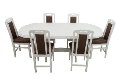 Set masa extensibila Jork 160x200 cm, lemn masiv alb, blat din MDF cu 6 scaune tapitate ZIM Standard, stofa petra maro - imagine 6