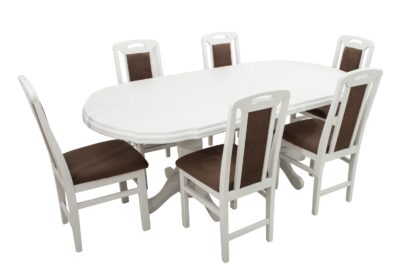 Set masa extensibila Jork 160x200 cm, lemn masiv alb, blat din MDF cu 6 scaune tapitate ZIM Standard, stofa petra maro - imagine 4