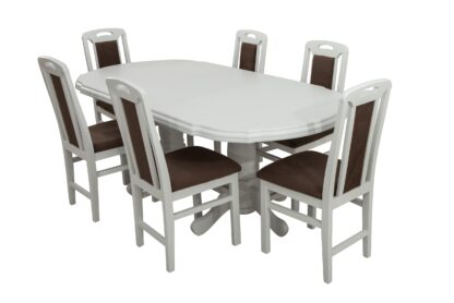 Set masa extensibila Jork 160x200 cm, lemn masiv alb, blat din MDF cu 6 scaune tapitate ZIM Standard, stofa petra maro