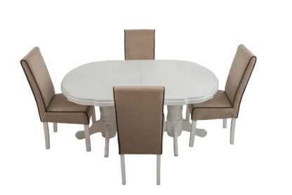 Set masa extensibila Jork 160x200 cm, lemn masiv alb, blat din MDF cu 4 scaune tapitate T-26, stofa crem - imagine 2