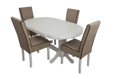 Set masa extensibila Jork 160x200 cm, lemn masiv alb, blat din MDF cu 4 scaune tapitate T-26, stofa crem