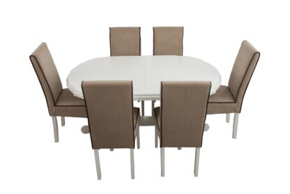 Set masa extensibila Jork 160x200 cm, lemn masiv alb, blat din MDF cu 6 scaune tapitate T-26, stofa crem - imagine 3