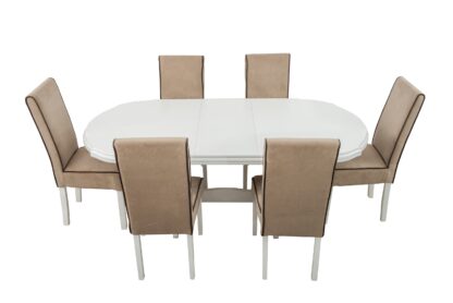 Set masa extensibila Jork 160x200 cm, lemn masiv alb, blat din MDF cu 6 scaune tapitate T-26, stofa crem - imagine 5