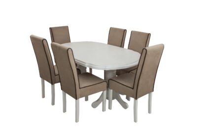 Set masa extensibila Jork 160x200 cm, lemn masiv alb, blat din MDF cu 6 scaune tapitate T-26, stofa crem