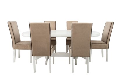 Set masa extensibila Jork 160x200 cm, lemn masiv alb, blat din MDF cu 6 scaune tapitate T-26, stofa crem - imagine 4