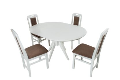 Set masa extensibila Atria 102x142 cm, lemn masiv alb, blat din MDF cu 4 scaune tapitate ZIM Standard, stofa petra maro - imagine 2