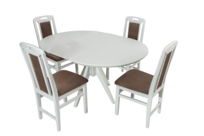 Set masa extensibila Atria 102x142 cm, lemn masiv alb, blat din MDF cu 4 scaune tapitate ZIM Standard, stofa petra maro - imagine 3
