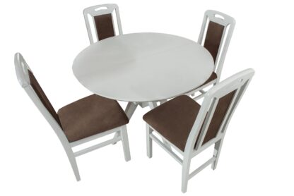 Set masa extensibila Atria 102x142 cm, lemn masiv alb, blat din MDF cu 4 scaune tapitate ZIM Standard, stofa petra maro - imagine 5