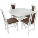Set masa extensibila Atria 102x142 cm, lemn masiv alb, blat din MDF cu 4 scaune tapitate ZIM Standard, stofa petra maro