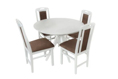 Set masa extensibila Atria 102x142 cm, lemn masiv alb, blat din MDF cu 4 scaune tapitate ZIM Standard, stofa petra maro