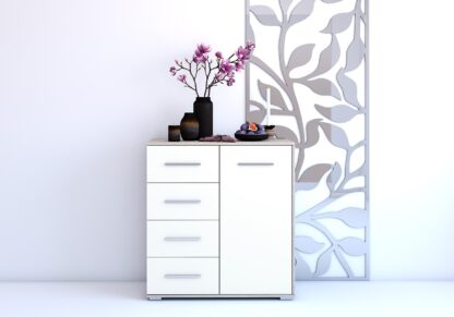 Comoda Mini Stela 1D4S, PAL alb/sonoma, 90x95x45 cm