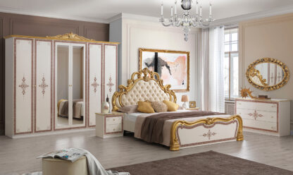 Dormitor Grace, crem, pat 160x200 cm, dulap cu 6 usi, 2 noptiere, comoda