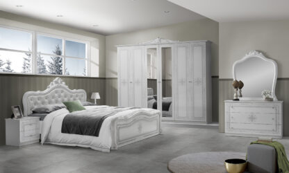 Dormitor Luisa, Alb, Pat 180x200 cm, Dulap cu 6 usi, Comoda, 2 Noptiere