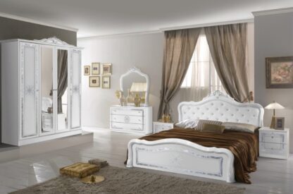 Dormitor Luisa, Alb, Pat 160x200 cm, Dulap cu 4 usi, Comoda, 2 Noptiere