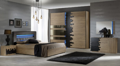 Dormitor Mozart, sonoma/negru, pat 180x200 cm, dulap cu 2 usi culisante, comoda, 2 noptiere