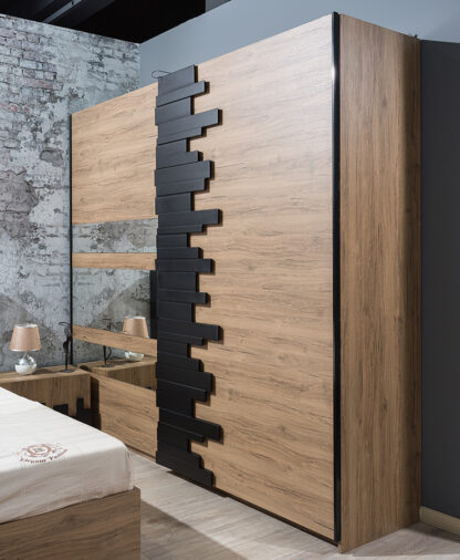 Dormitor Mozart, sonoma/negru, pat 180x200 cm, dulap cu 2 usi culisante, comoda, 2 noptiere - imagine 2