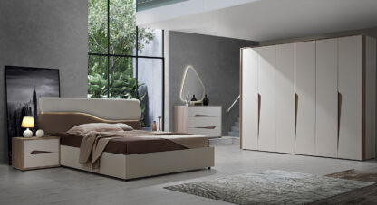 Dormitor Soleil, crem, pat 160x190 cm, dulap cu 6 usi, 2 noptiere, comoda