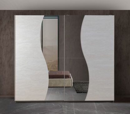 Dormitor Twin, alb/gri, pat 160x200 cm, dulap cu 2 usi culisante, 2 noptiere, comoda - imagine 2