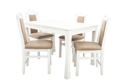 Set masa extensibila Vin Lux 120x160 cm, lemn masiv alb, blat din MDF cu 4 scaune tapitate ZIM Standard Panamera Castel, stofa bej - imagine 2