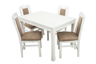 Set masa extensibila Vin Lux 120x160 cm, lemn masiv alb, blat din MDF cu 4 scaune tapitate ZIM Standard Panamera Castel, stofa bej
