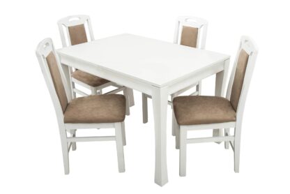 Set masa extensibila Vin Lux 120x160 cm, lemn masiv alb, blat din MDF cu 4 scaune tapitate ZIM Standard Panamera Castel, stofa bej