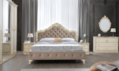 Dormitor Adele, crem, Dulap cu 6 usi , Pat 160x200 cm, 2 Noptiere, Comoda - imagine 2
