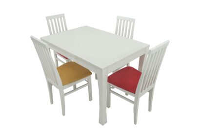 Set masa extensibila Vin Lux 120x160 cm, lemn masiv alb, blat din MDF cu 4 scaune tapitate ZIM Snezana Petra, stofa galben/rosu - imagine 2