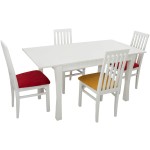 Set masa extensibila Vin Lux 120x160 cm, lemn masiv alb, blat din MDF cu 4 scaune tapitate ZIM Snezana Petra, stofa galben/rosu - imagine 3