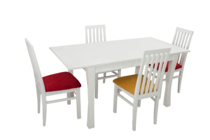 Set masa extensibila Vin Lux 120x160 cm, lemn masiv alb, blat din MDF cu 4 scaune tapitate ZIM Snezana Petra, stofa galben/rosu - imagine 3