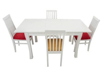 Set masa extensibila Vin Lux 120x160 cm, lemn masiv alb, blat din MDF cu 4 scaune tapitate ZIM Snezana Petra, stofa galben/rosu - imagine 4