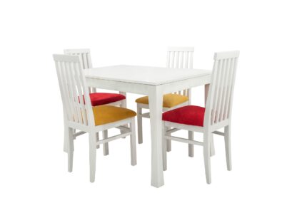 Set masa extensibila Vin Lux 120x160 cm, lemn masiv alb, blat din MDF cu 4 scaune tapitate ZIM Snezana Petra, stofa galben/rosu - imagine 5