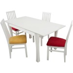 Set masa extensibila Vin Lux 120x160 cm, lemn masiv alb, blat din MDF cu 4 scaune tapitate ZIM Snezana Petra, stofa galben/rosu