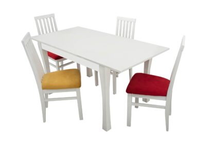 Set masa extensibila Vin Lux 120x160 cm, lemn masiv alb, blat din MDF cu 4 scaune tapitate ZIM Snezana Petra, stofa galben/rosu