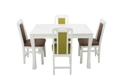 Set masa extensibila Vin Lux 120x160 cm, lemn masiv alb, blat din MDF cu 4 scaune tapitate ZIM Standard Petra, stofa verde/maro - imagine 2