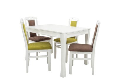 Set masa extensibila Vin Lux 120x160 cm, lemn masiv alb, blat din MDF cu 4 scaune tapitate ZIM Standard Petra, stofa verde/maro - imagine 3