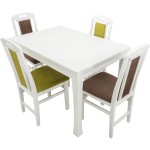 Set masa extensibila Vin Lux 120x160 cm, lemn masiv alb, blat din MDF cu 4 scaune tapitate ZIM Standard Petra, stofa verde/maro