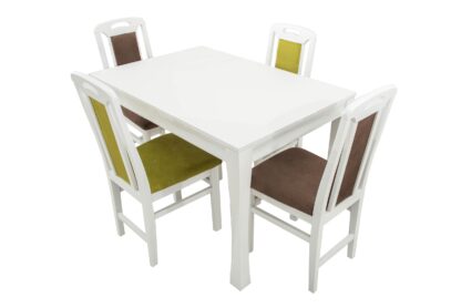Set masa extensibila Vin Lux 120x160 cm, lemn masiv alb, blat din MDF cu 4 scaune tapitate ZIM Standard Petra, stofa verde/maro