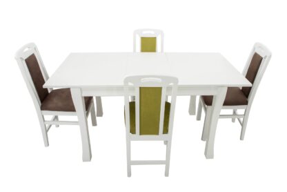 Set masa extensibila Vin Lux 120x160 cm, lemn masiv alb, blat din MDF cu 4 scaune tapitate ZIM Standard Petra, stofa verde/maro - imagine 4