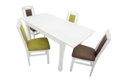 Set masa extensibila Vin Lux 120x160 cm, lemn masiv alb, blat din MDF cu 4 scaune tapitate ZIM Standard Petra, stofa verde/maro - imagine 6