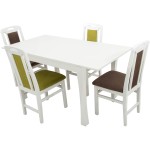 Set masa extensibila Vin Lux 120x160 cm, lemn masiv alb, blat din MDF cu 4 scaune tapitate ZIM Standard Petra, stofa verde/maro - imagine 7