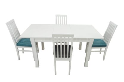 Set masa extensibila Vin Lux 120x160 cm, lemn masiv alb, blat din MDF cu 4 scaune tapitate ZIM Snezana Petra, stofa gri/albastru