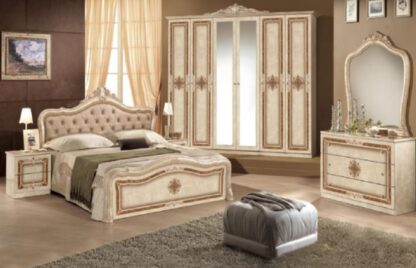 Dormitor Luisa, bej, Dulap cu 6 usi, Pat 160x200 cm, 2 Noptiere, Comoda