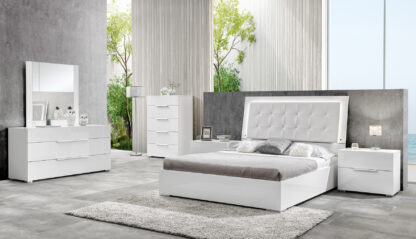 Dormitor Bianca, alb/gri, pat 160x200 cm, saltea, 2 noptiere, comoda