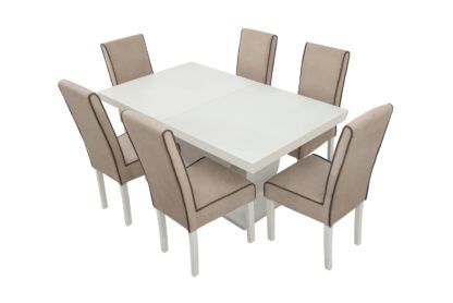 Set masa extensibila Ecuador 160x200 cm, lemn masiv alb, blat din MDF cu 6 scaune tapitate T-26, stofa crem