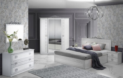 Dormitor Olimp Silver, alb, pat 160x200 cm, dulap cu 6 usi, 2 noptiere, comoda