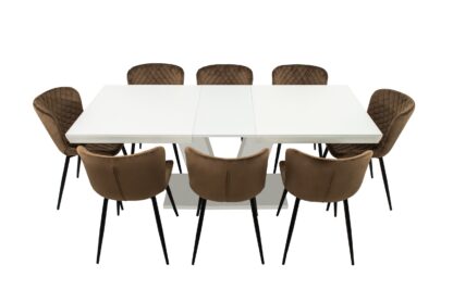 Set masa extensibila V 160x200 cm, lemn masiv alb, blat din MDF cu 8 scaune tapitate S-153, stofa maro